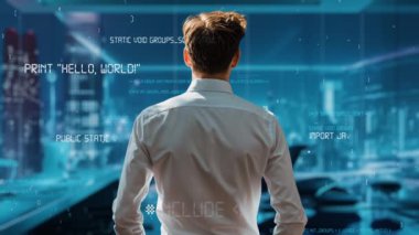 Genç Erkek Programcı Yapay Zeka güdümlü Pazarlama Çözümleri için LISP Açık Robot Hologramı ile Yazılım Analizi Yapılandırılıyor.