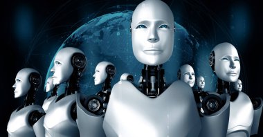 Gelecekteki yapay zeka ve 4. sanayi devrimi kavramında robot hominoid grubunun XAI 3D çizimi.