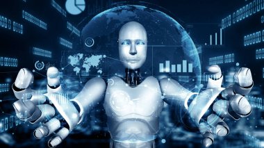 XAI 3D illüstrasyon Gelecek Finansal Teknoloji Kontrolü Yapay Robot Huminoid makine öğrenimi ve yapay zeka kullanarak iş verilerini analiz ediyor ve yatırım ve ticaret hakkında tavsiyelerde bulunuyor