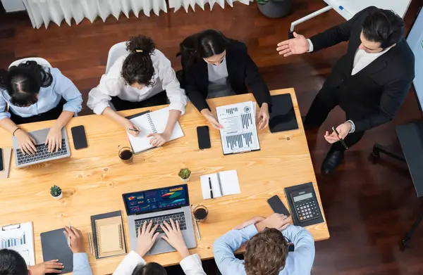Panorama Top View Diverse Group Business Analyst Team Analyzing Financial — Stock Photo, Image