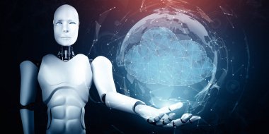 XAI 3d illüstrasyon yapay zeka robotu bulut hesaplama teknolojisini kullanarak çevrimiçi sunucuda veri depoluyor. Makine öğrenme süreciyle analiz edilen gelecekteki bulut bilgi depolama kavramı. 3B görüntüleme