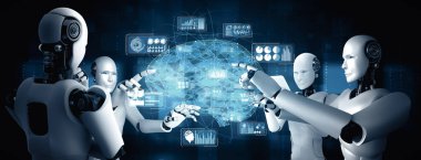 XAI 3d illüstrasyon yapay zeka ve yapay zeka kavramını gösteren sanal sanal sanal ekrana dokunan yapay zeka robotu. 3B illüstrasyon.