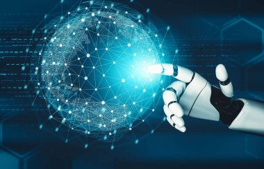 XAI 3D yorumlama fütürist robot teknolojisi geliştirme, yapay zeka yapay zekası ve makine öğrenme konsepti. İnsan hayatının geleceği için küresel robot biyonik bilim araştırması.