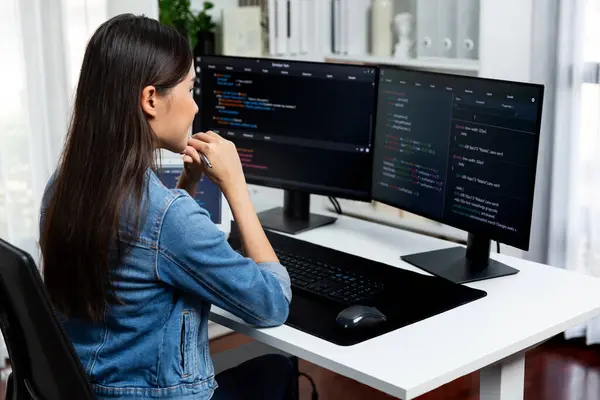 Young Asian Developer Looking Online Information Beautiful Pose Coding Program — Stock Photo, Image