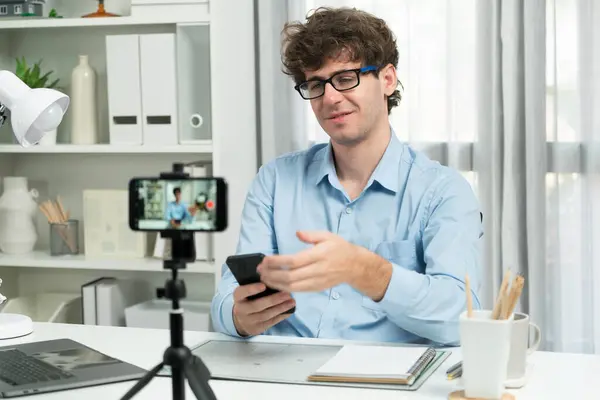 Host Channel Influencer Answering Comment Phone Streaming Online Broadcast Focus — Stock Photo, Image
