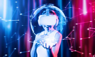 Female stand surrounded by neon light wear white VR headset and tank top connecting metaverse, future cyberspace community technology, She holding and watch 3D global picture hologram. Hallucination. clipart