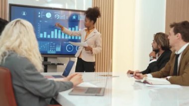 Analist ekibiyle ofis veya süs toplantı odasında yapılan sunum, başarılı bir ticari yatırım başarısı elde ettikten sonra mali verileri analiz etmek için BI Fintech 'i kullandı..