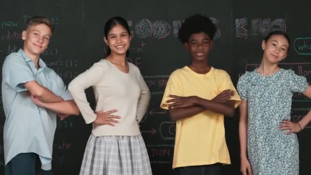 Багатокультурні Люди Позують Камеру Стоячи Упевненістю Різні Діти Середньої Школи — стокове відео