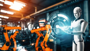 XAI Mekanize Endüstri Robotu ve robot silahları fabrika üretiminde kullanılacak. Sanayi devrimi ve otomasyon üretim süreci için yapay zeka kavramı.