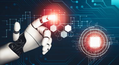 XAI 3D yorumlama fütürist robot teknolojisi geliştirme, yapay zeka yapay zekası ve makine öğrenme konsepti. İnsan hayatının geleceği için küresel robot biyonik bilim araştırması.