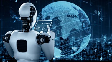 XAI 3d illüstrasyon internet bağlantısı yapay zeka robotu Huminoid tarafından kontrol ediliyor ve makine öğrenme süreci veri bağlantısını ve siber güvenliği analiz ediyor. 3B görüntüleme.