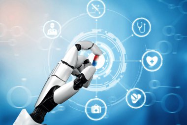 XAI 3D tıbbi yapay zeka robotu geleceğin hastanesinde çalışıyor. Hasta ve biyomedikal teknoloji konsepti için gelecekteki protez sağlık hizmetleri.