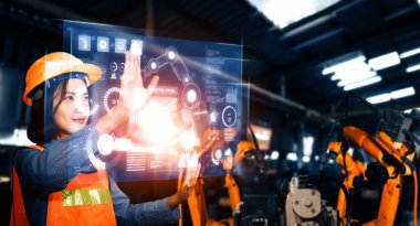 Dijital sanayi ve fabrika robotu teknolojisi için XAI Gelişmiş Robot Kol Sistemi. İnternet ağına bağlı IOT yazılımı kullanarak endüstri mühendisliği tarafından kontrol edilen otomasyon üretim robotu.