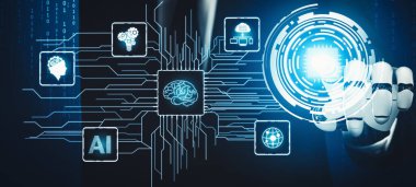 XAI 3D yorumlama fütürist robot teknolojisi geliştirme, yapay zeka yapay zekası ve makine öğrenme konsepti. İnsan hayatının geleceği için küresel robot biyonik bilim araştırması.