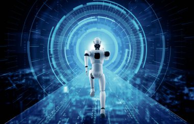 XAI 3D illüstrasyon. Hızlı hareket eden robot insanımsı robot, yapay zeka ve yapay zeka geliştirme kavramının gelecekte geliştirilmesi için gerekli enerjiyi makine öğrenmesiyle gösteriyor.