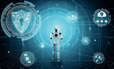 XAI 3D illüstrasyon yapay zeka robotu bilgi gizliliğini korumak için siber güvenliği kullanıyor. Yapay zeka ve makine öğrenme süreci tarafından siber suçları önleme konsepti. 3B görüntüleme