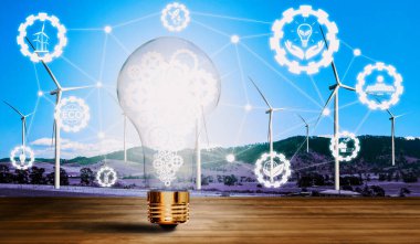 Gelecekteki güç üretimi ikon grafik arayüzü endüstrisine sahip yeşil enerji yenilik ampulü. Alternatif enerji ile sürdürülebilirlik gelişimi kavramı. uds