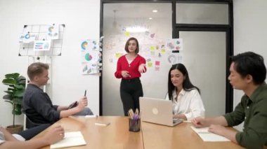Genç liderin kapanışı, proje hakkında beyin fırtınası yapan meslektaşı ve proje yöneticisi tarafından çevrelenmiş zihin haritası ve renkli yapışkan notlar kullanılarak kendinden emin bir şekilde iş projesini sunuyor. Tertemiz..