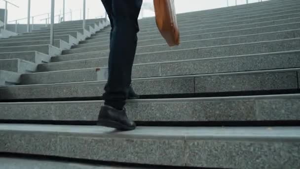 聪明的商人拿着包走上楼梯的头像 专业项目经理爬上楼梯去工作场所 增加技能 获得晋升 膨胀剂 — 图库视频影像