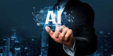 Human interact with AI artificial intelligence brain processor in concept of AI artificial intelligence engineering, big data and AI machine learning to use generative AI for business support. NLP. clipart