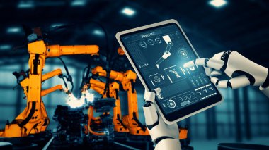 XAI 3D illüstrasyon. Sanayi robotu ve robot silahlar. Fabrika üretiminde kullanılacak. Sanayi devrimi ve otomasyon üretim süreci için yapay zeka kavramı.