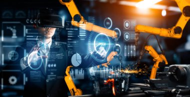 Dijital sanayi ve fabrika robotu teknolojisi için XAI Gelişmiş Robot Kol Sistemi. İnternet ağına bağlı IOT yazılımı kullanarak endüstri mühendisliği tarafından kontrol edilen otomasyon üretim robotu.