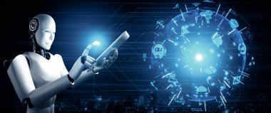 Sanayi devrimi için yapay zeka ve makine öğrenme yöntemlerini kullanarak küresel ağ bağlantısı için tablet bilgisayar kullanan XAI 3D illüstrasyon robotu. Üç Boyut