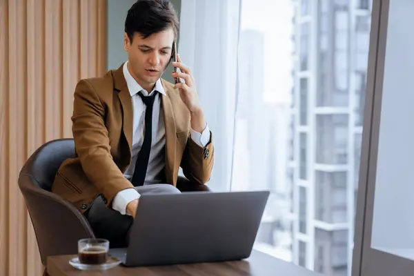 Portrait Professional Businessman Working Laptop While Phone Calling Smart Executive — Stock Photo, Image