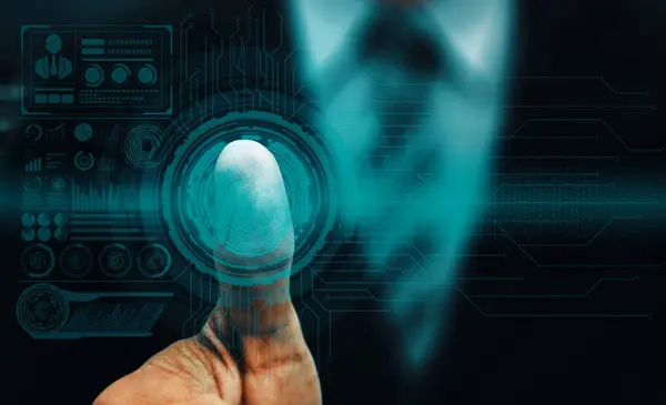 Tecnología Digitalización Digital Biométrica Huellas Digitales Interfaz Que Muestra Dedo — Foto de Stock