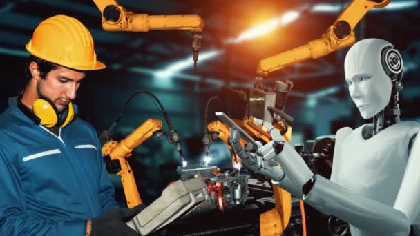Xai Kybernetický Průmyslový Robot Lidský Pracovník Pracující Společně Budoucí Továrně — Stock video