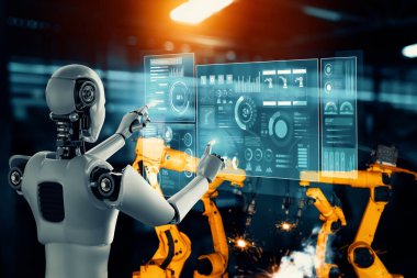 XAI Mekanize Endüstri Robotu ve robot silahları fabrika üretiminde kullanılacak. Sanayi devrimi ve otomasyon üretim süreci için yapay zeka kavramı.