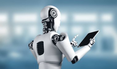 XAI 3D illüstrasyon robot robotu geleceğin ofisinde tablet bilgisayar kullanarak yapay zeka, yapay zeka ve makine öğrenme sürecini kullanarak. 4. Sanayi Devrimi 3 boyutlu