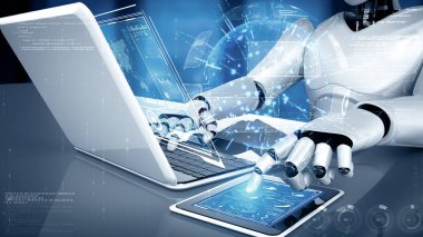 XAI 3D illüstrasyon Robot hominoidi dizüstü bilgisayarı kullanın ve 4. Endüstriyel Endüstri için yapay zeka, yapay zeka ve makine öğrenme yöntemlerini kullanarak büyük veri analizi için masaya oturun.