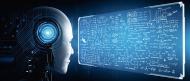 XAI 3d illüstrasyon İnsansı Yapay Yapay Zeka robotu, makine öğrenme süreciyle yapay zeka kullanarak matematik hesaplama ve bilimsel denklem kavramında hologram ekranına bakıyor. Üç Boyut
