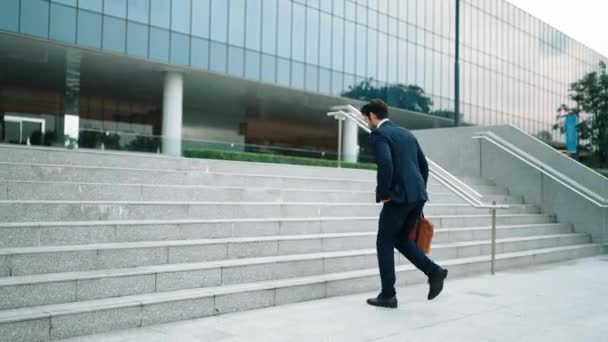 Başarılı Bir Adamı Merdivenlerde Yürürken Satışların Artmasını Kutluyor Proje Yöneticisi — Stok video