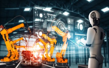 XAI Mekanize Endüstri Robotu ve robot silahları fabrika üretiminde kullanılacak. Sanayi devrimi ve otomasyon üretim süreci için yapay zeka kavramı.