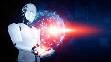 XAI 3d illüstrasyon yapay zeka kullanarak sanal ekran tutan yapay robot yapay zeka ile küresel iletişim ağı kavramını gösteriyor. 3B hazırlama bilgisayarı