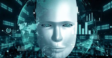 XAI 3D illüstrasyon Gelecek Finansal Teknoloji Kontrolü Yapay Robot Huminoid makine öğrenimi ve yapay zeka kullanarak iş verilerini analiz ediyor ve yatırım ve ticaret hakkında tavsiyelerde bulunuyor