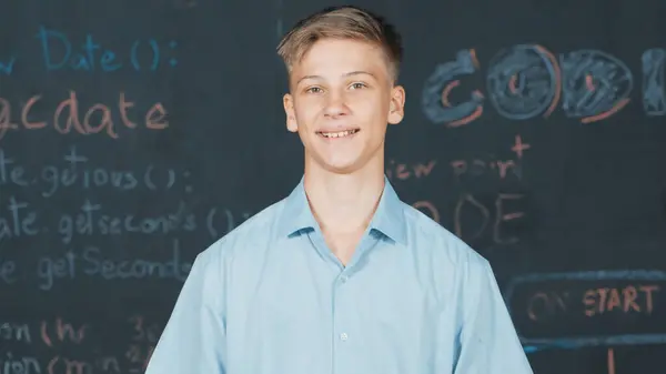 Smiling Teenager Looking Camera While Standing Blackboard Engineering Code Prompt — Stock Photo, Image