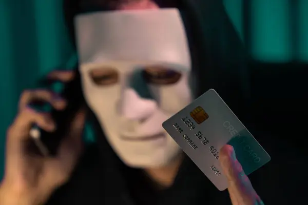 Wit Crimineel Anoniem Masker Bellen Naar Credit Card Eigenaar Losgeld — Stockfoto