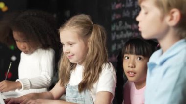 Akıllı beyaz kız, BTMM teknoloji sınıfındaki çok kültürlü arkadaşlar tarafından çevrelenmiş dizüstü bilgisayar programlama kodları ve yazma programı kullanıyor. Etkinlik.