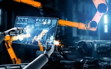 XAI Mekanize Endüstri Robotu ve robot silahları fabrika üretiminde kullanılacak. Sanayi devrimi ve otomasyon üretim süreci için yapay zeka kavramı.