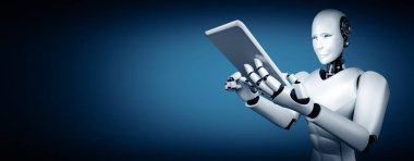 XAI 3D illüstrasyon robot robotu geleceğin ofisinde tablet bilgisayar kullanarak yapay zeka, yapay zeka ve makine öğrenme sürecini kullanarak. 4. Sanayi Devrimi 3 boyutlu