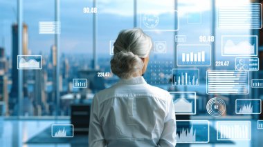 Finansal danışman veya tüccar BI ticari istihbarat veri tablosu ve grafik gösterge paneli ile çalışarak pazarlama stratejisi araştırması için karar veriyor..