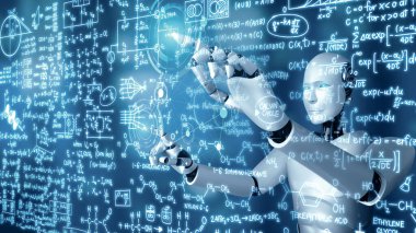 XAI 3D illüstrasyon Al hominoid robot dokunmatik matematik formülü ve bilim denklemi yapay zeka düşünme ve makine öğrenme süreci kullanarak 4. endüstriyel devrim için