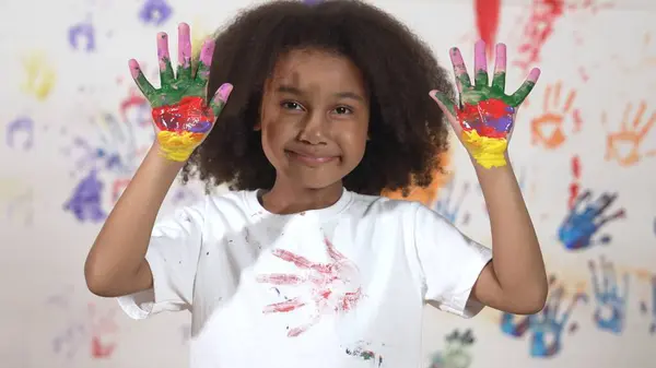 African Happy Student Put Hands Together Show Colorful Stained Hands — Stock Photo, Image