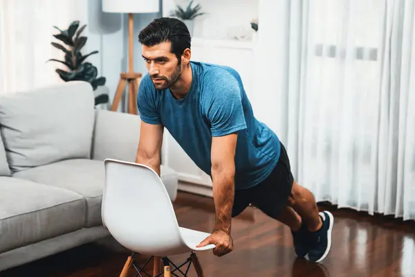 Athletic Body Active Sporty Man Using Furniture Effective Targeting Muscle — Stock Photo, Image