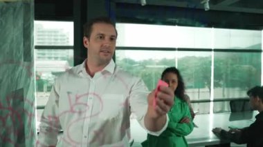 Yetenekli işadamı, cam duvara renkli yapışkan notlar yapıştırarak proje yöneticisine pazarlama fikrini sundu. Proje yöneticisi yatırımcıya projeyi gösteriyor, anlatıyor, gösteriyor. Yönlendirici.