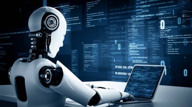 XAI 3d illüstrasyon Futuristik robot yapay zeka insansı yapay zeka programlama kodlama teknolojisi geliştirme ve makine öğrenme kavramı. İnsanlığın geleceği için robot biyonik bilim araştırması