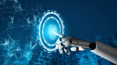 XAI 3D Renching futuristik robot teknolojisi geliştirme, yapay zeka yapay zeka ve makine öğrenme konsepti. İnsan hayatının geleceği için küresel robot biyonik bilim araştırması.